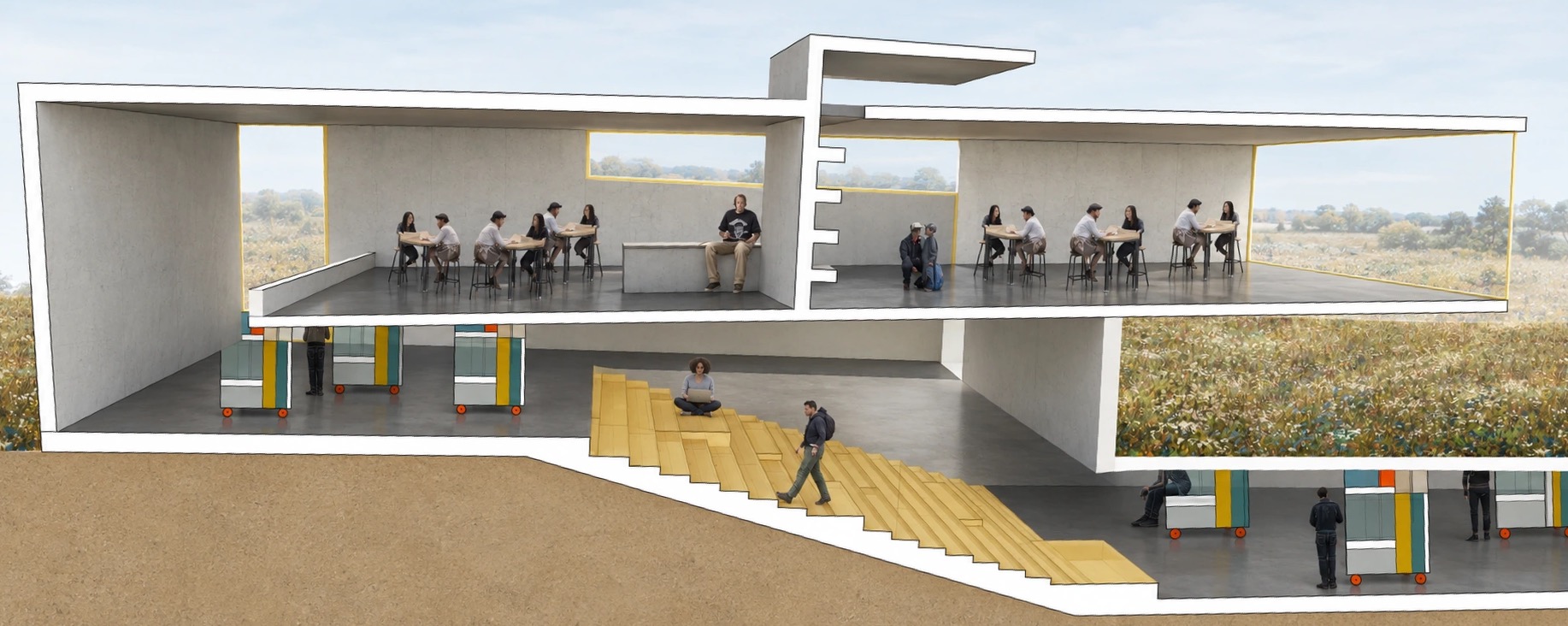 Sectional perspective — refined visualization of stepped gathering spaces