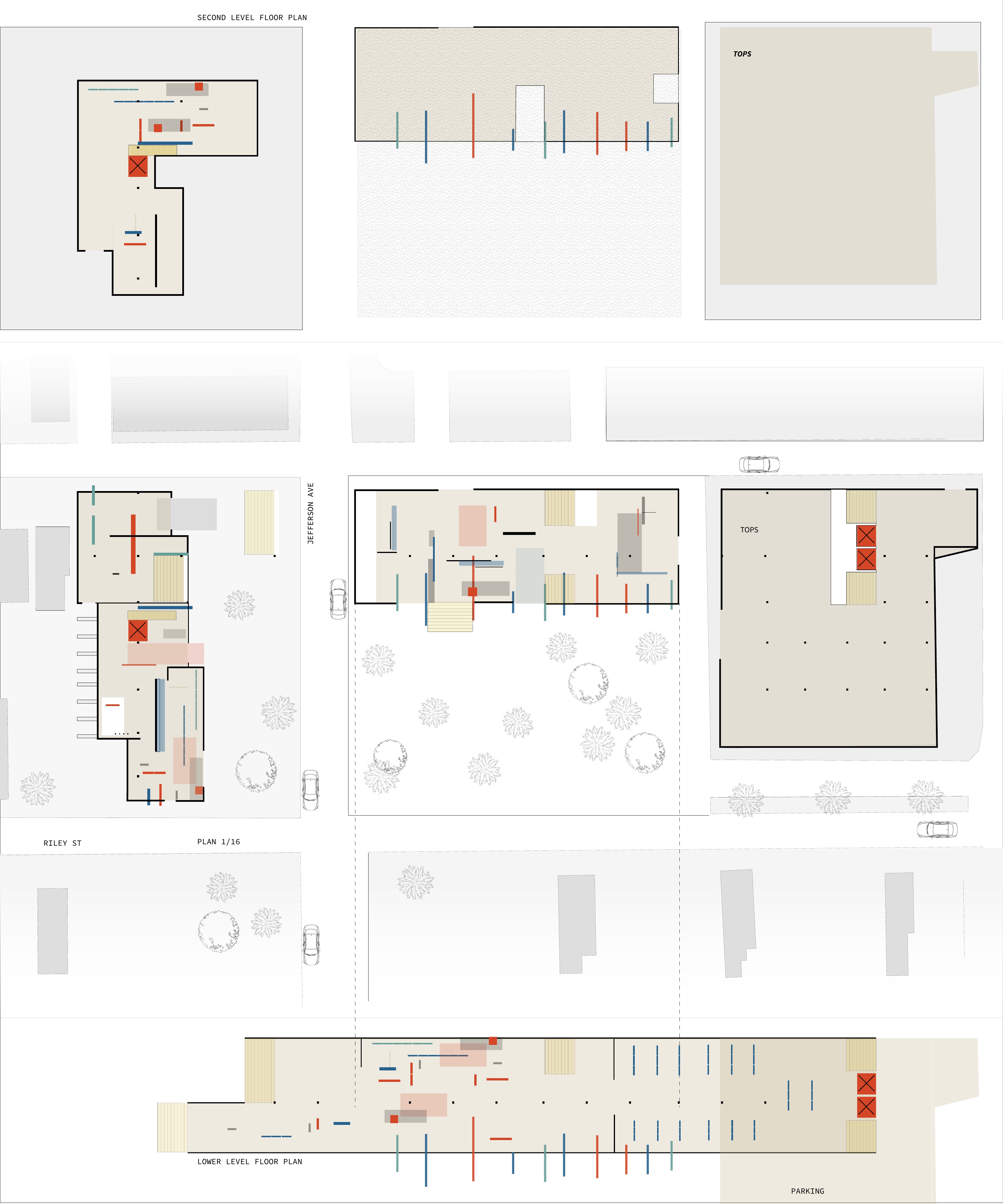 Campus plans — street level, second level, and lower level