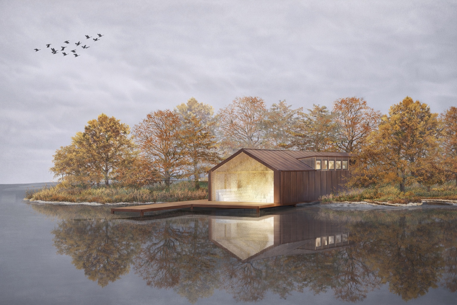 View from the water — the building within the island landscape