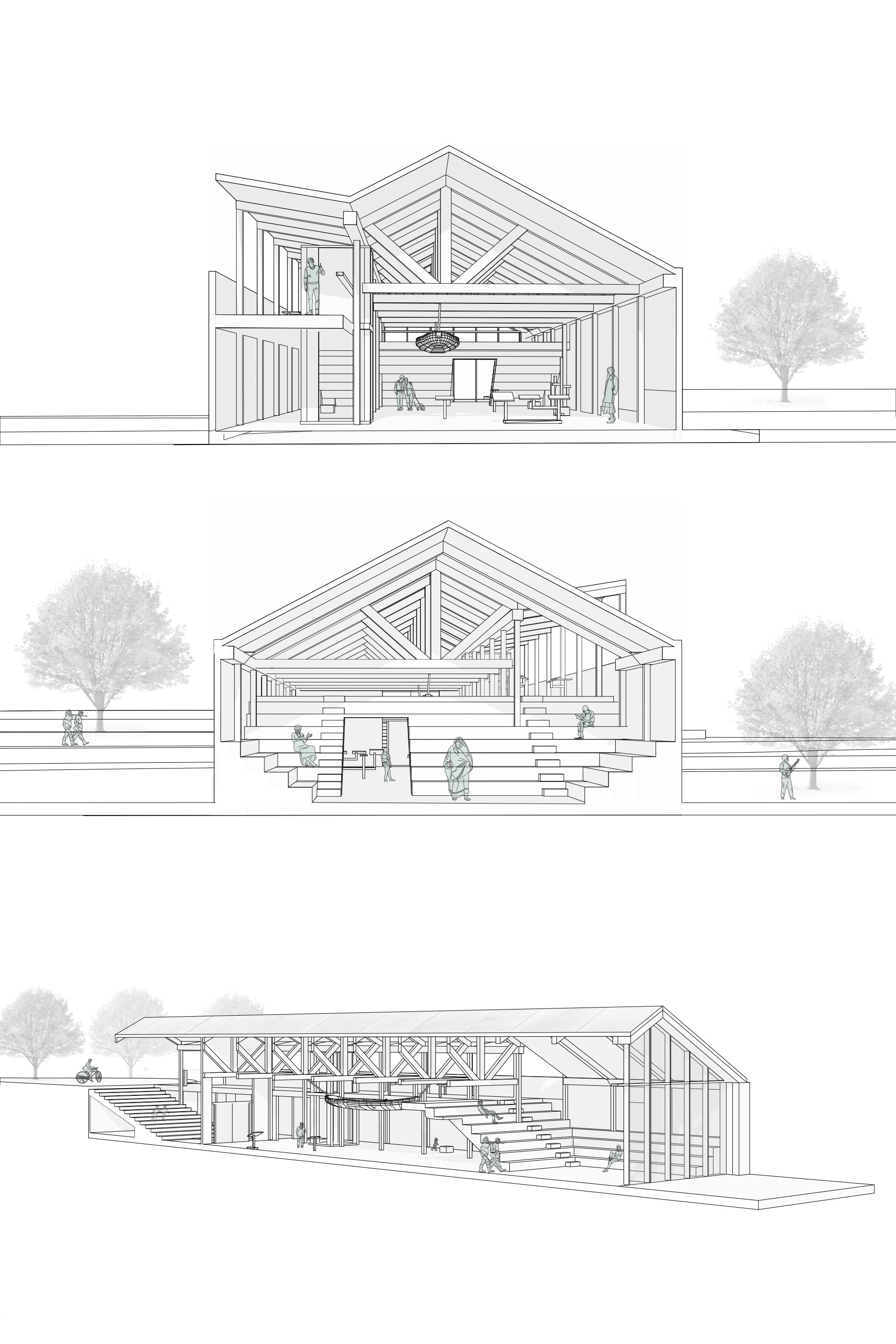 Sectional perspectives — structure, circulation, and stepped seating