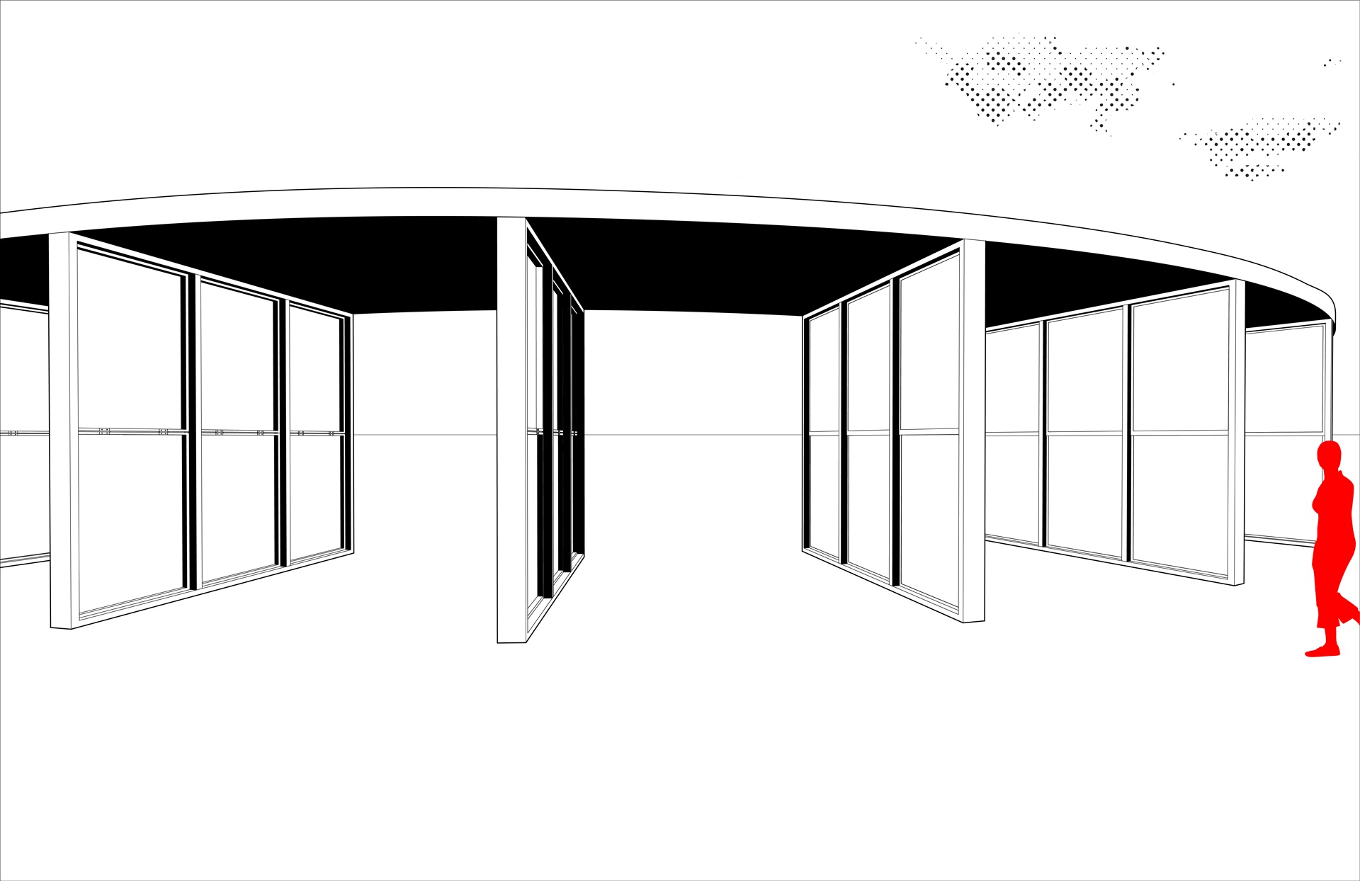 Operable market panels beneath a curved canopy